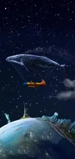 Surreal whale floating with a boat in a starry night sky above a city.