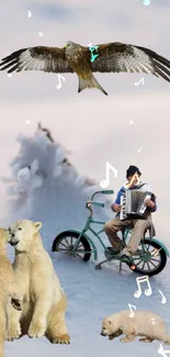 Surreal art of polar bears, eagle, and musician on bike in snowy landscape.