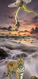 Surreal wallpaper with tiger, lightning, and Saturn over an ocean landscape.