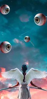 Surreal fantasy art with wings and floating eyes in a vibrant sky.