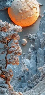 Surreal landscape with two moons and frosty mountains