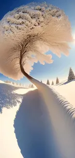 Surreal snow landscape with a dynamic winter tree under a bright blue sky.