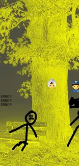 Surreal yellow tree scene with stick figures and emojis on a mobile wallpaper.