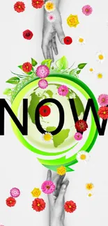 Eco-themed phone wallpaper with flowers and 'NOW' text.