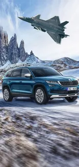 Blue SUV drives in snowy landscape with jet overhead, set against mountains.