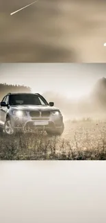 SUV driving through mystical misty morning landscape.