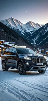 Black luxury SUV on snowy mountain road at dusk.