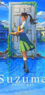 Anime girl near open door with scenic blue water.