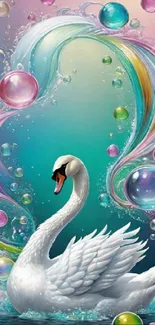 Majestic swan surrounded by vibrant, colorful bubbles in fantasy art.