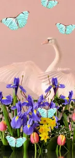 Graceful swan with butterflies and vibrant flowers on a pastel pink background.