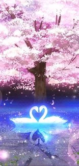 Swan with heart wings under a cherry blossom tree