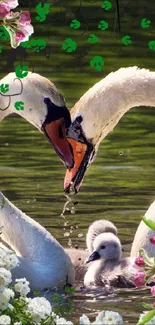 Mobile wallpaper featuring swan family with floral background.