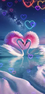 Romantic swans forming a heart beneath a starry sky.