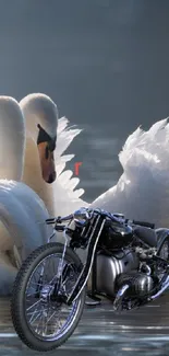 Swans and motorcycle on a tranquil lake.