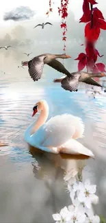 Serene swan in calm water with flying birds and red leaves.