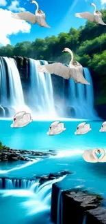 A serene waterfall with swans flying above, set against a lush, green landscape.