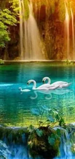 Swans glide on a turquoise lake with cascading waterfalls and greenery.