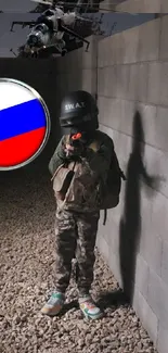 Young SWAT commando in urban setting with helicopter overhead.