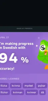 Swedish language progress with Duolingo owl, 94% accuracy badge.