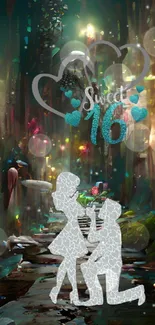 Sweet 16 romantic proposal in magical forest wallpaper.