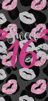 Sparkly 'Sweet 16' wallpaper with pink and silver glitter lips.