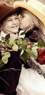 Charming children sharing a moment in sepia tones with a bouquet of roses.