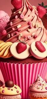 Vibrant pink cupcake with strawberries and icing on a mobile wallpaper.