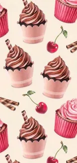 Colorful wallpaper with pink cupcakes and cherries.