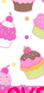 Whimsical cupcake and dot pattern wallpaper for mobile.