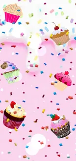 Colorful cupcakes and sprinkles wallpaper with a pink background.