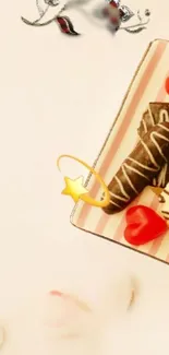 Delicious chocolate pastries with red hearts on tray wallpaper.