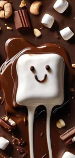 Smiling marshmallow with chocolate and nuts background.