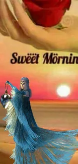 Fantasy landscape with dancer and sunrise, text says 'Sweet Morning.'