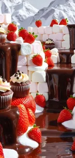 Chocolate dessert landscape with strawberries and cupcakes against mountains.