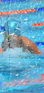 Swimmer visible through rainy glass, vibrant aquatic theme.