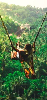 Woman swinging over lush green forest