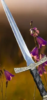 Silver sword with purple flowers on brown background.