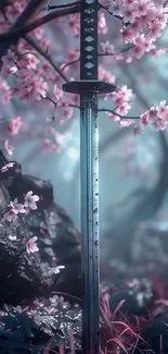 Samurai sword among cherry blossom petals on a calm day.