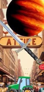 Retro collage with a sword, fiery planet, vintage street, and tractor.