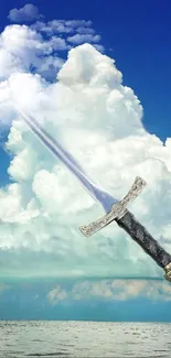 Fantasy sword extends into clouds above ocean.