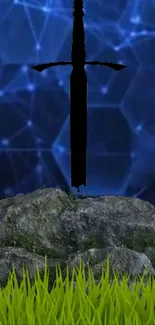 Black sword embedded in rock with a blue digital background and grass.