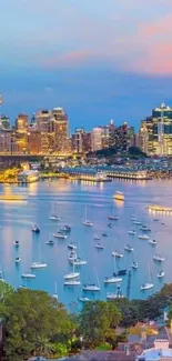 Sydney Harbor cityscape with vibrant skyline and water reflections.