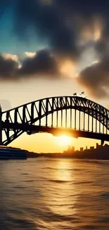 Sunset over Sydney Harbor Bridge with a skyline silhouette.