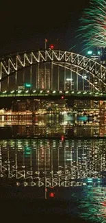 Sydney Harbour Bridge with fireworks at night.