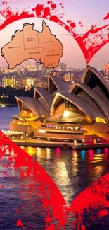 Sydney Opera House with heart art and Australia map overlay on vibrant night background.