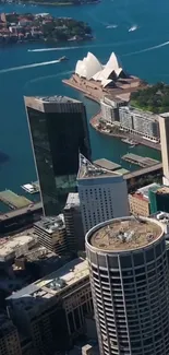 Aerial view of Sydney with Opera House and skyline.