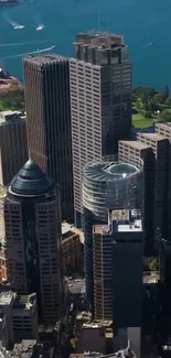 Aerial view of Sydney skyline with blue harbor.