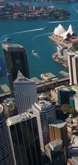 Aerial view of Sydney skyline with Opera House.