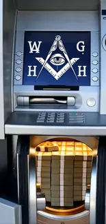 ATM with mysterious symbol display and money stack.