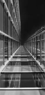 Symmetrical black and white architectural window reflection in a modern urban setting.